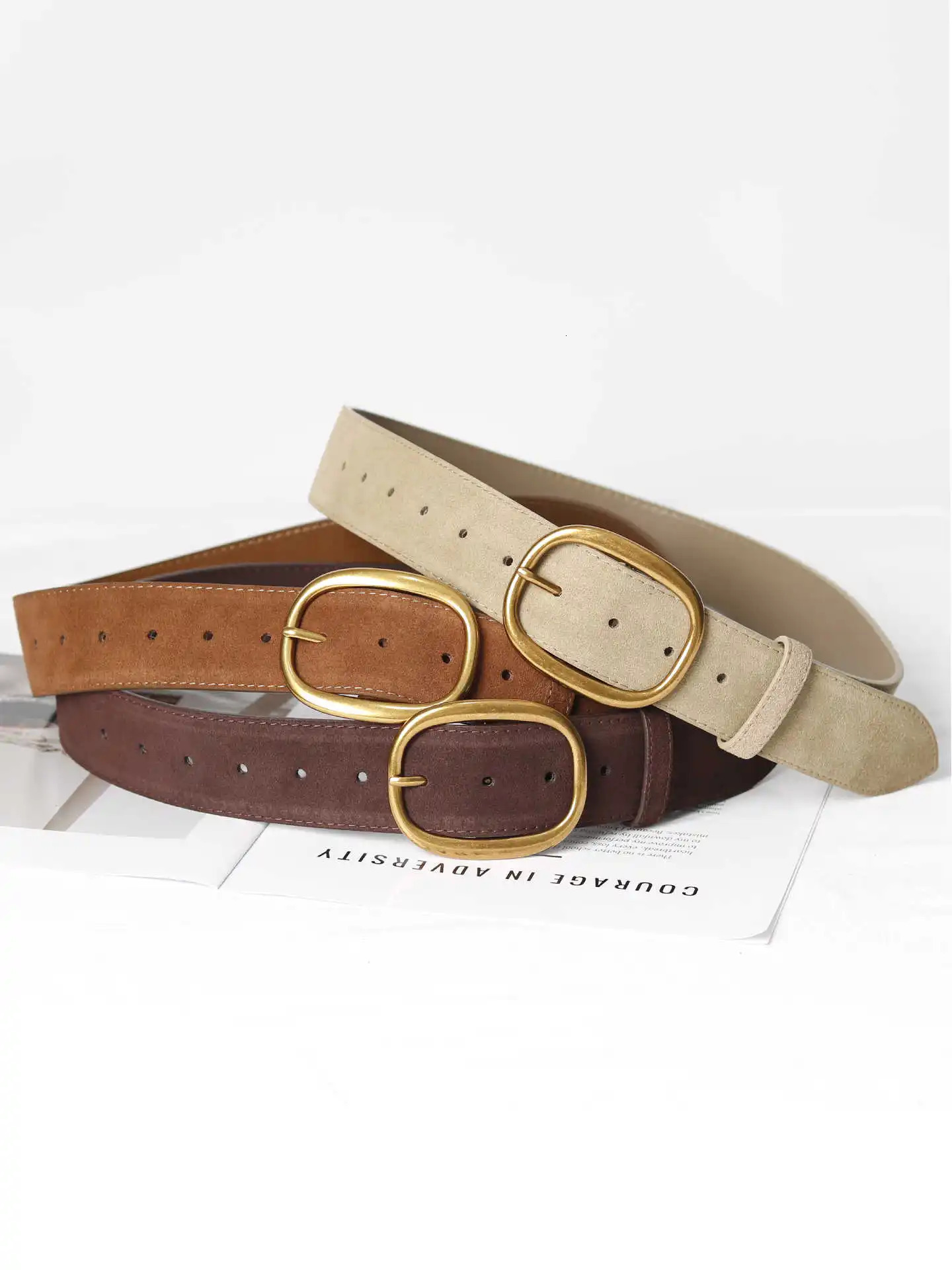 45cm Wide Women Belts Vintage Suede Cowhide Belt Gold Oval Buckle Skinny Waistband Genuine Leather Belt for Dresses 251104