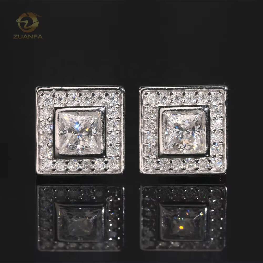Hip Hop High Quality Iced Out Screw Back Stud Moissanite Diamond Square Earrings for Men