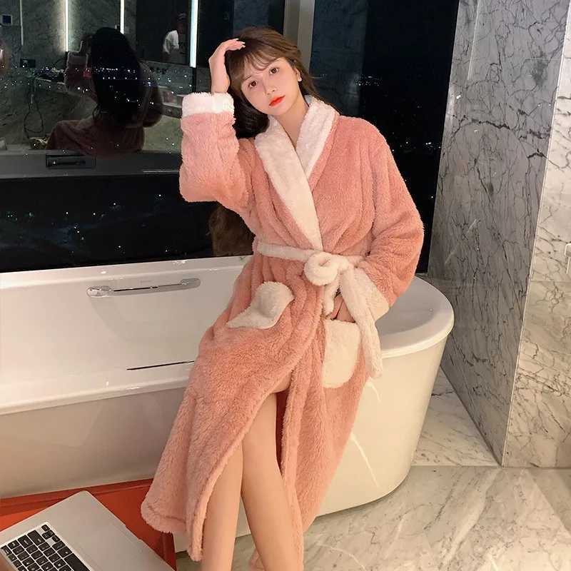 Designer Winter New Kimono Robe Womens Coral Velvet Thickened Bathrobe Extra Long Female Flannel Dressing Gown Loose Home Clothes Y251104