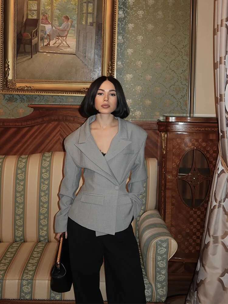 Elegant Blazer Jacket Women Lapel Shoulder Pad Long Sleeve Office Lady Coats 2025 Spring Single Button Female Commuting Coat