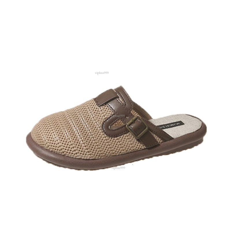 New designer sandals with free shipping Baotou Boken Half Slippers Women's Style One Step Stepping Hollow Breathable Cotton and Hemlock Mill Shoe