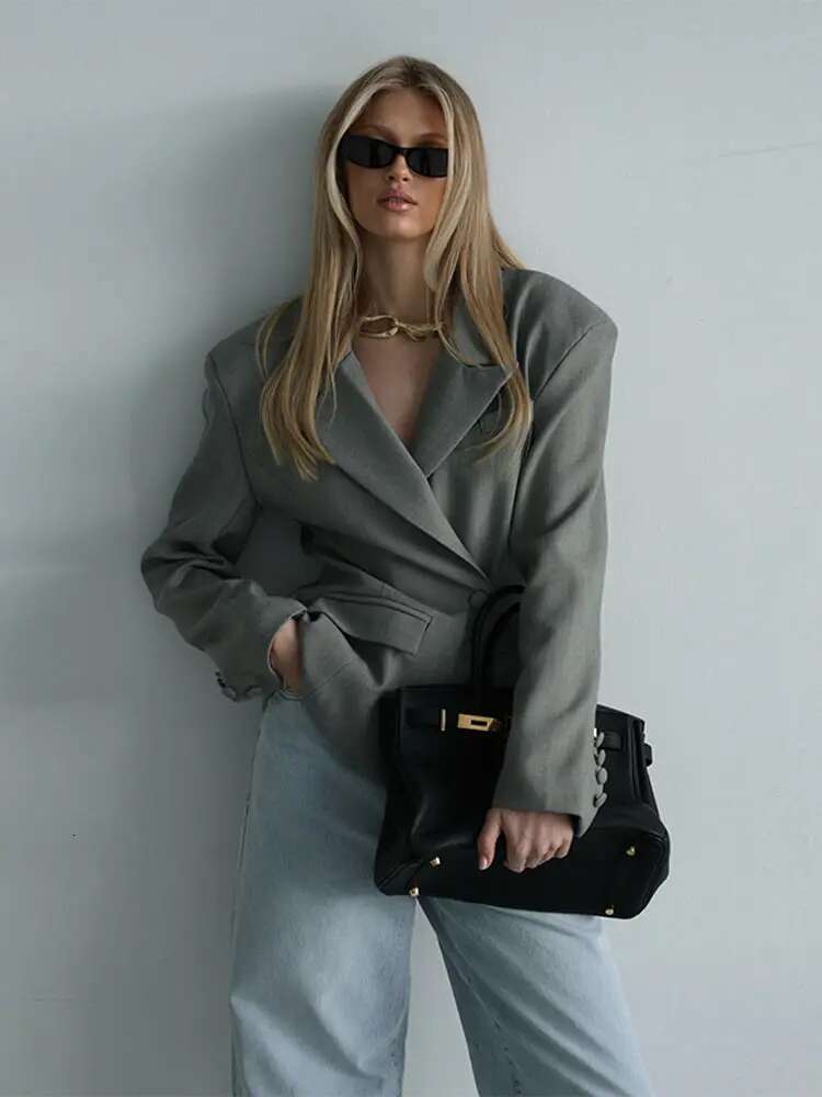 Elegant Blazer Jacket Women Lapel Shoulder Pad Long Sleeve Office Lady Coats 2025 Spring Single Button Female Commuting Coat