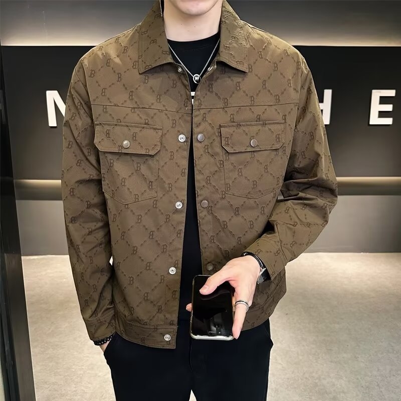 New lapel trend men's jacket Jacket 2025 Spring fashion all match handsome high-grade casual jacket brown black free Shipping