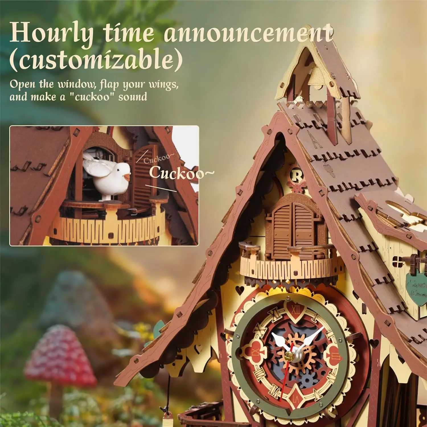 Robotime Rokr 3D Wooden Puzzle Cuckoo Clock Kit Black Forest Style with Working Bird DIY Clock Model Kit for Kids Adults Model C2511041