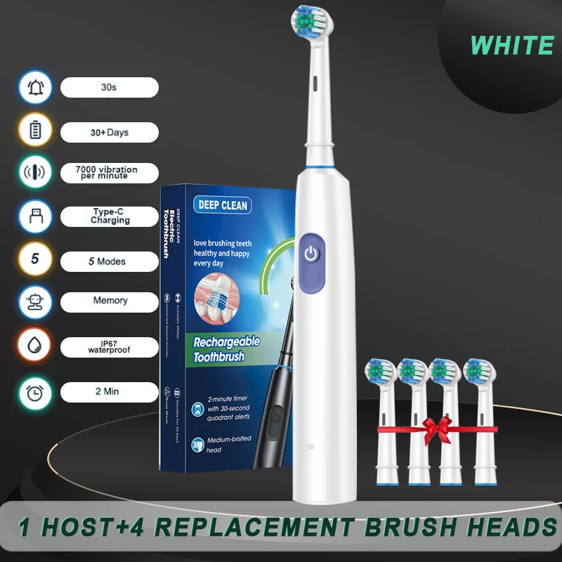 2025 Rotating Electric Toothbrush in 5 Modes USB Charger with 4 Head Adult Charging Brush 250325