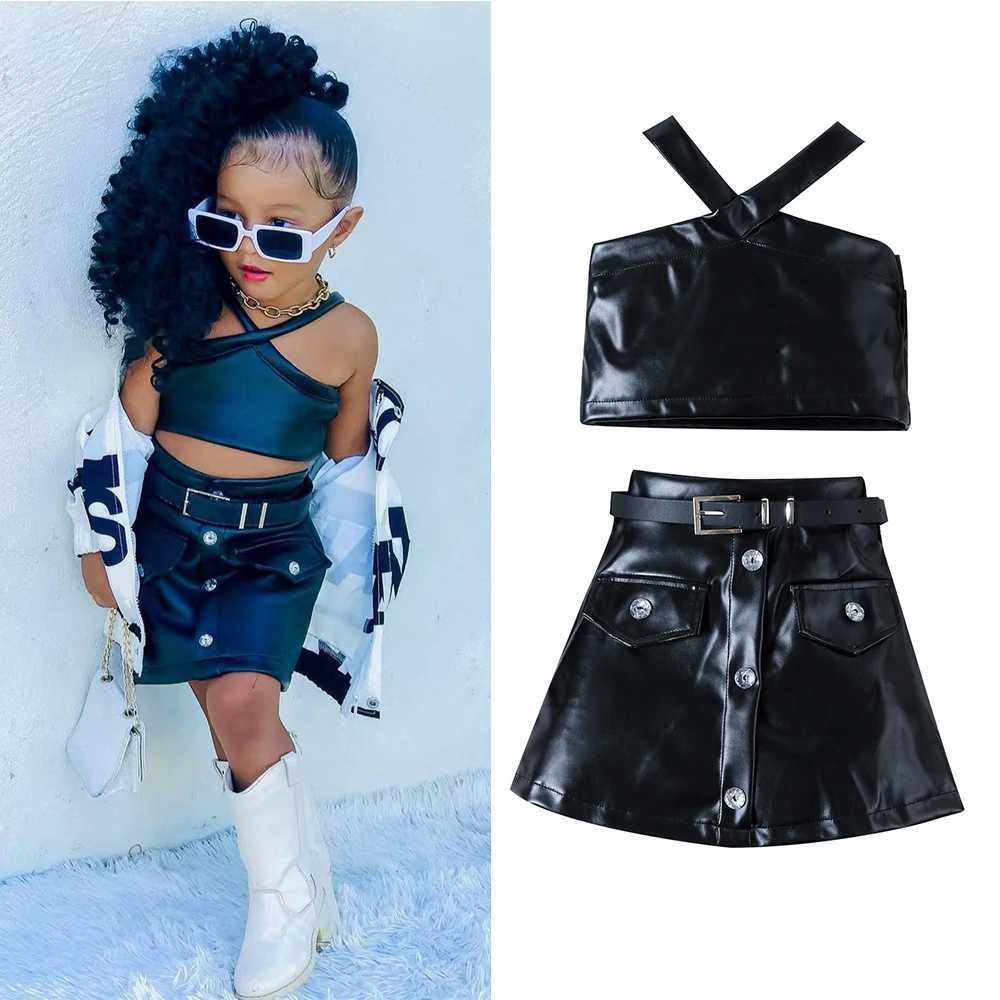 Summer Children Girl Clothes Street Fashion PU Leather Halter Short Vest+Skirt with Belt 3pcs Suit Kids Girls Set For 1-6 Years J250403