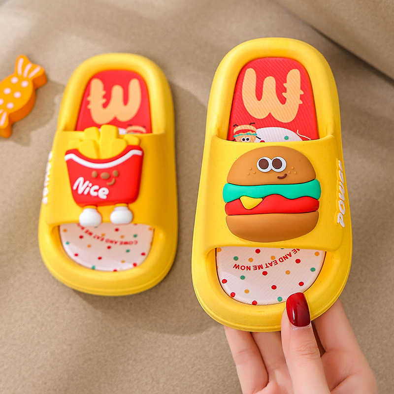 New childrens slippers cartoon burger for girls indoor and home use soft bottom non slip mens one-piece slippers for outdoor wear J250403
