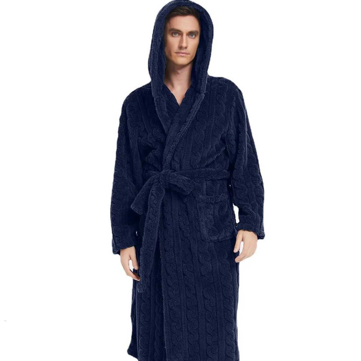 Jacquard Mens Bathrobe Solid Long Sleeve Winter Warm Male Kimono with Sashes Thick Hooded Pockets Men Bath Robe 2025 C251104