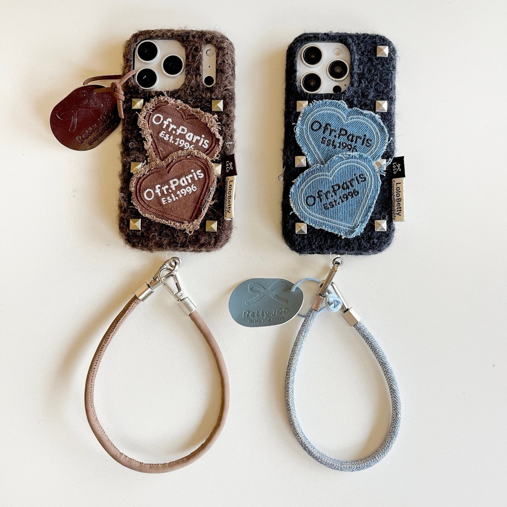 Punk Style Rivet Heart Patch Phone Case Compatible with iPhone 17/16 Pro Velvet Case iPhone 15/14 Cartoon