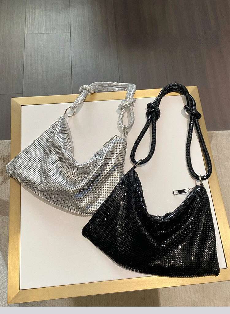 Fashion Metal Mesh Women Shoulder Bags Designer Gold Handbags Shinny Knot Strap Evening Bag Glitter Large Tote Party Purse 2023