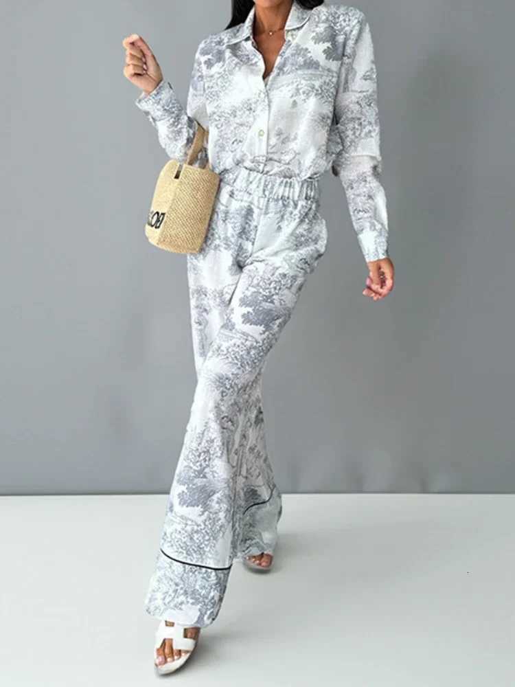 Fashion Fashion Vintage Pattern Printed Outfits Lapel Collar Shirt Long Pant Suit Spring Summer Causal Long Sleeve Loose Pant Sets Y251104