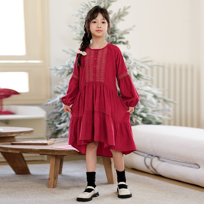D633 Girls' Dress 2024 Autumn/Winter Korean Style Corduroy Cake Dress Lantern Sleeve Christmas/New Year Dress for Medium and Large Children