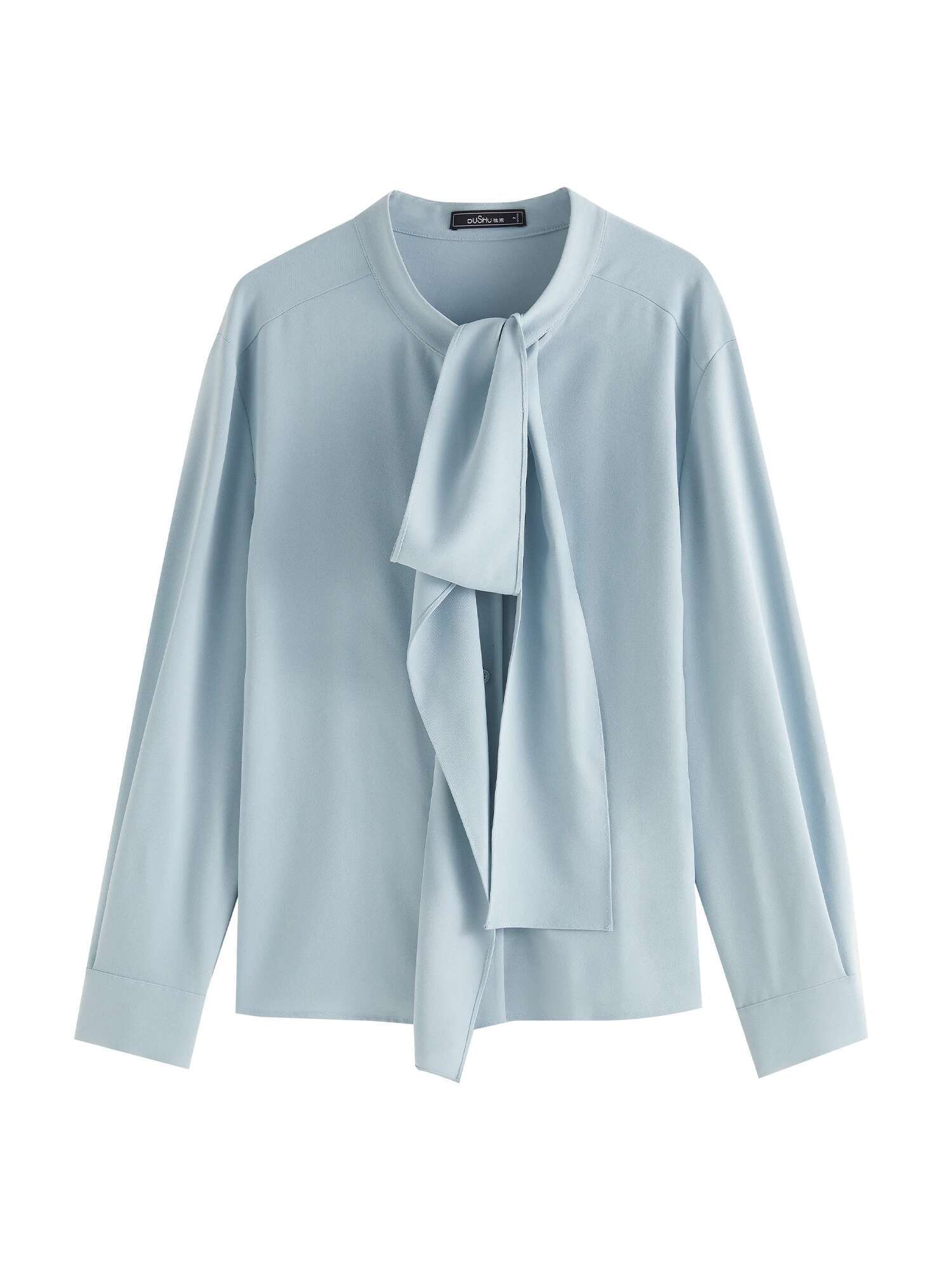 DUSHU Women Long Sleeve Blouses Winter Beige Commuter Shirts Tops Necke Ribbon Design Blue Drape Chiffon Shirt 24Dh84039