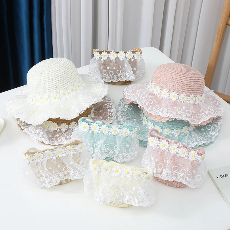 Baby Cute Lace Woven Straw Hat And Shoulder Bag Set Summer Girls Daisy Flower Beach Travel Sunscreen Sun Cap 250326
