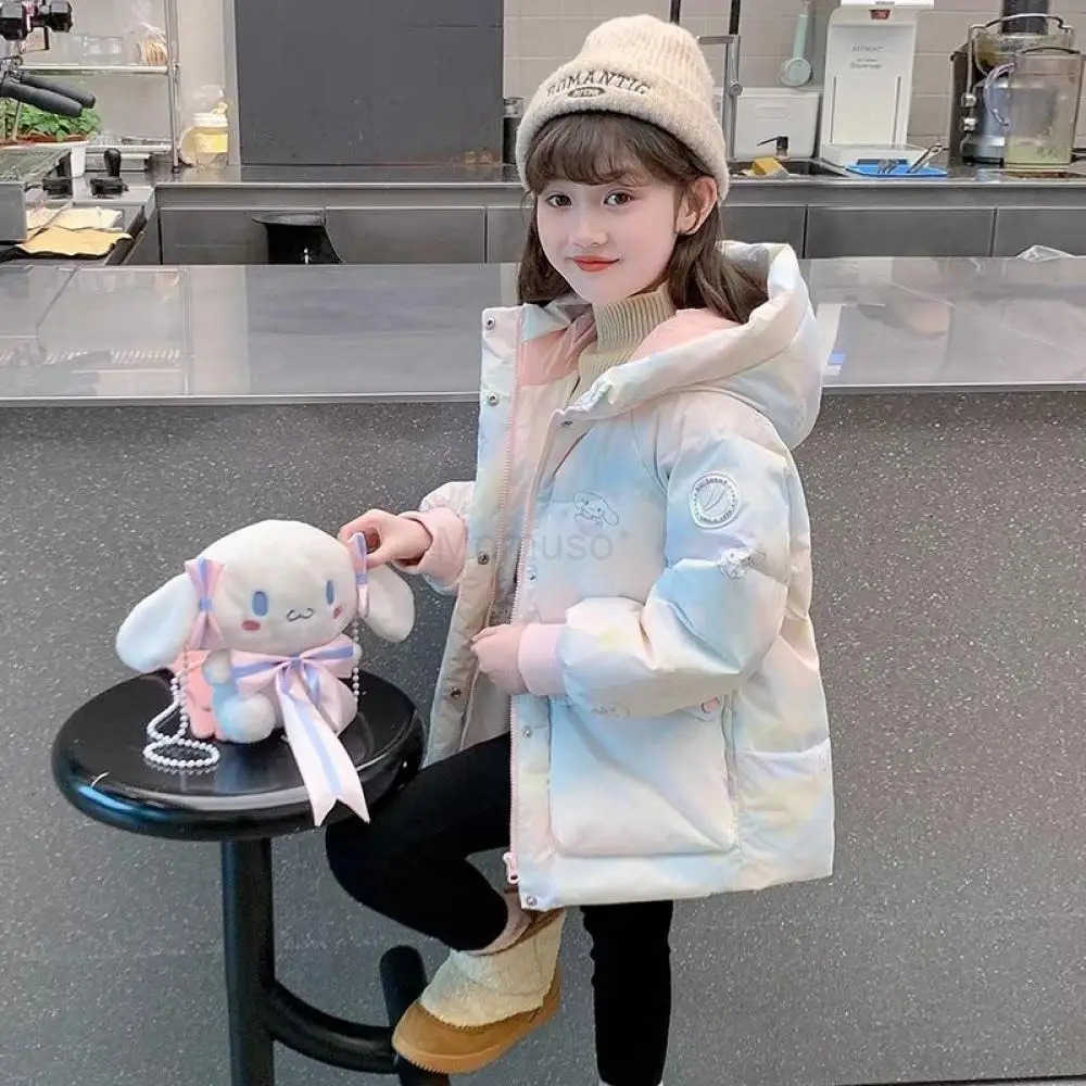 Sanrio Winter Anime Sanrios Cartoon Cinnamoroll Kuromi Childrens Down Clothes Fashion Girls Thicken Hooded Warm Cotton Padded Jacket H251104