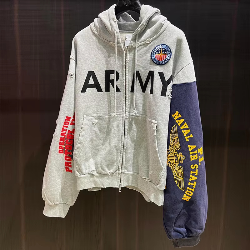 Men Women Vintage Damaged Hole Patchwork Embroidery Zipper Hoodie Cotton Splicing Zip Up Cardigan Coat With Tag