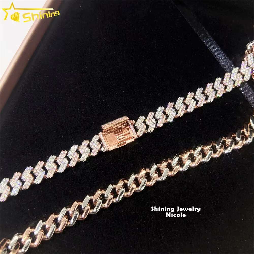 Two Tone Color Rose Gold White Gold 10mm Custom Hip Hop Silver Moissanite Miami Iced Out Cuban Link Chain