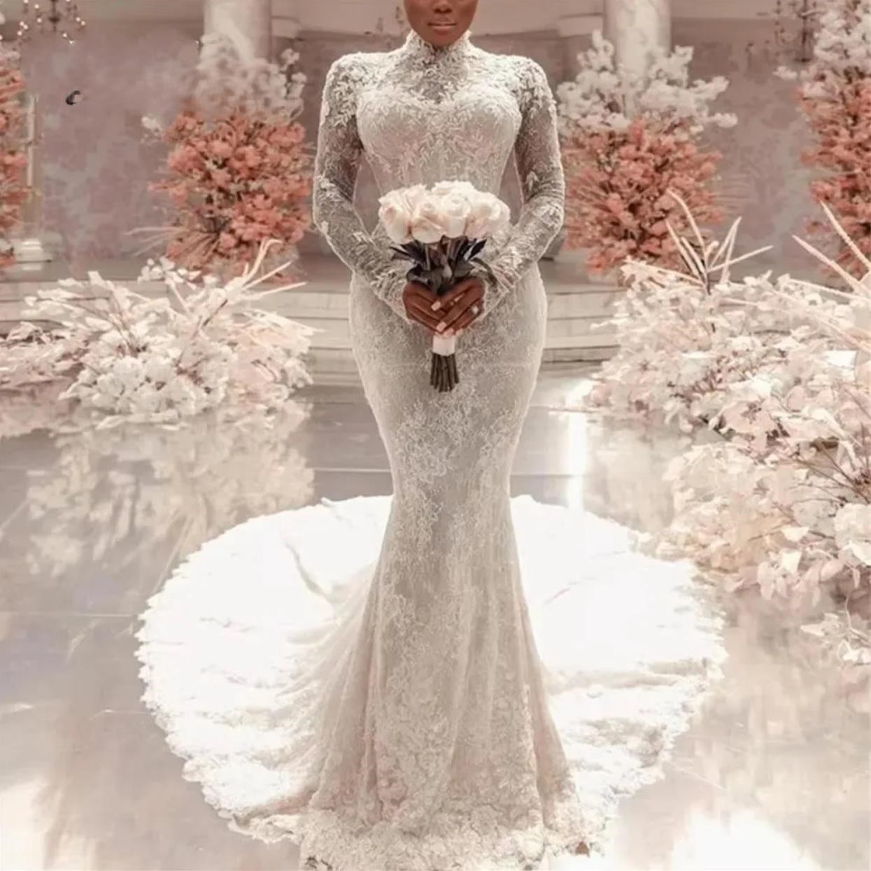 Customized Mermaid Wedding Dresses Full Sleeves Gown High Neck Muslim Bridal Gowns Lace Trumpet ruched covered buttons Robe De Mariage