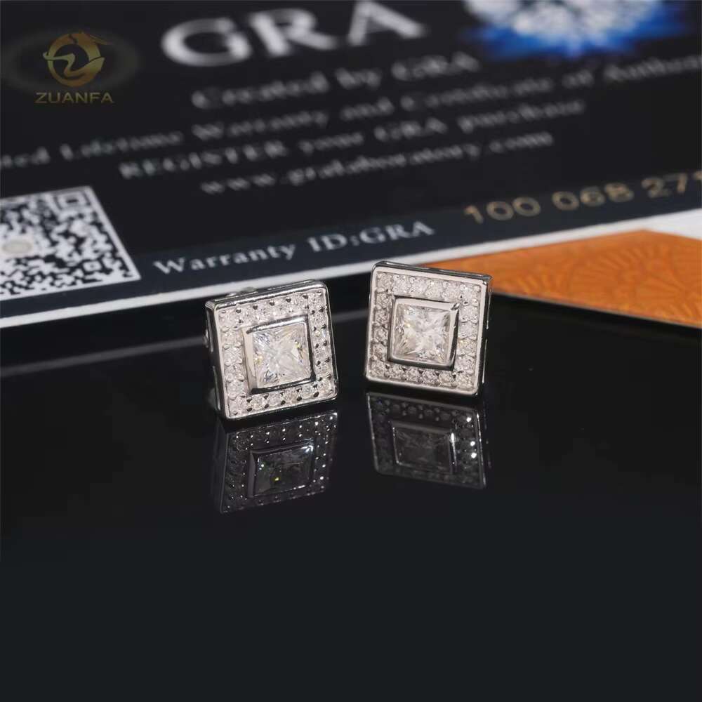 Hip Hop High Quality Iced Out Screw Back Stud Moissanite Diamond Square Earrings for Men