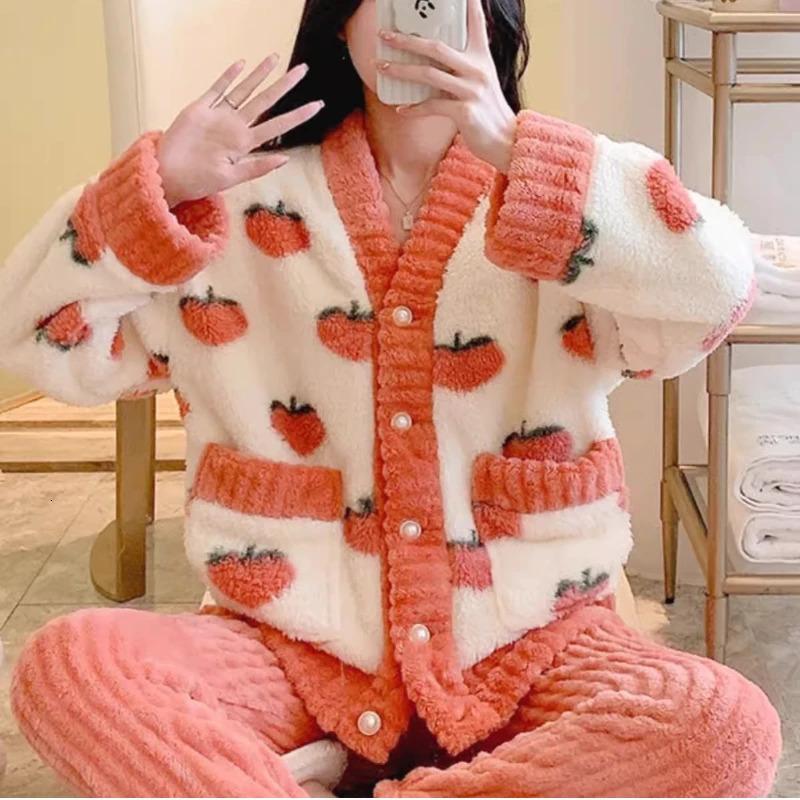 2-piece/set pregnant womens winter thick warm flannel pajamas long sleeved peach terrace soft home care 250402