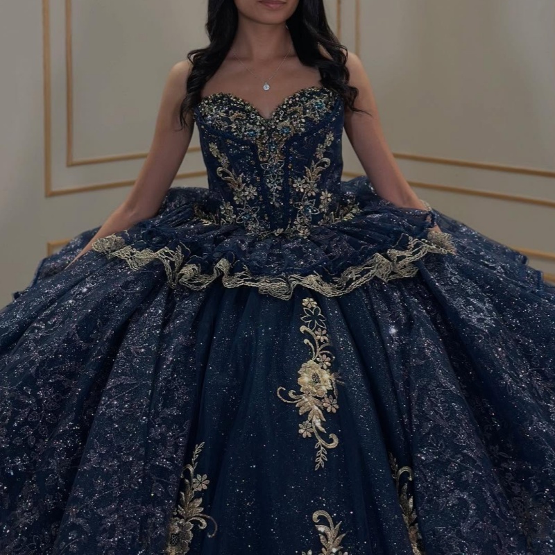 Navy Blue Shiny Quinceanera Dresses Off Shoulder Ball Gown Sweet 16 Dress Sequin Applique Beading Crystal Tull Birthday Party Vestidos 15 Anos