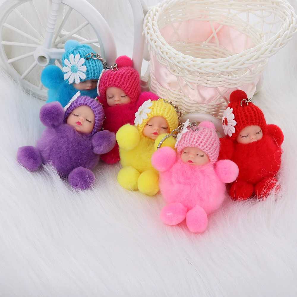 1 Pcs Cute Sleeping Baby Bowtie Fluffy Pompom Fur Plush Doll Keychain Keyring Key Ring Women Girls Bag Pendant JewelryW251103