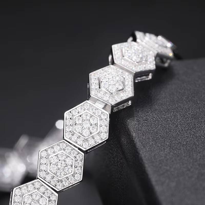Bling Iced Out Mens Jewelry Geometric Bracelet 9mm 925 Sterling Silver Vvs Moissanite Diamond Hexagon Bracelet