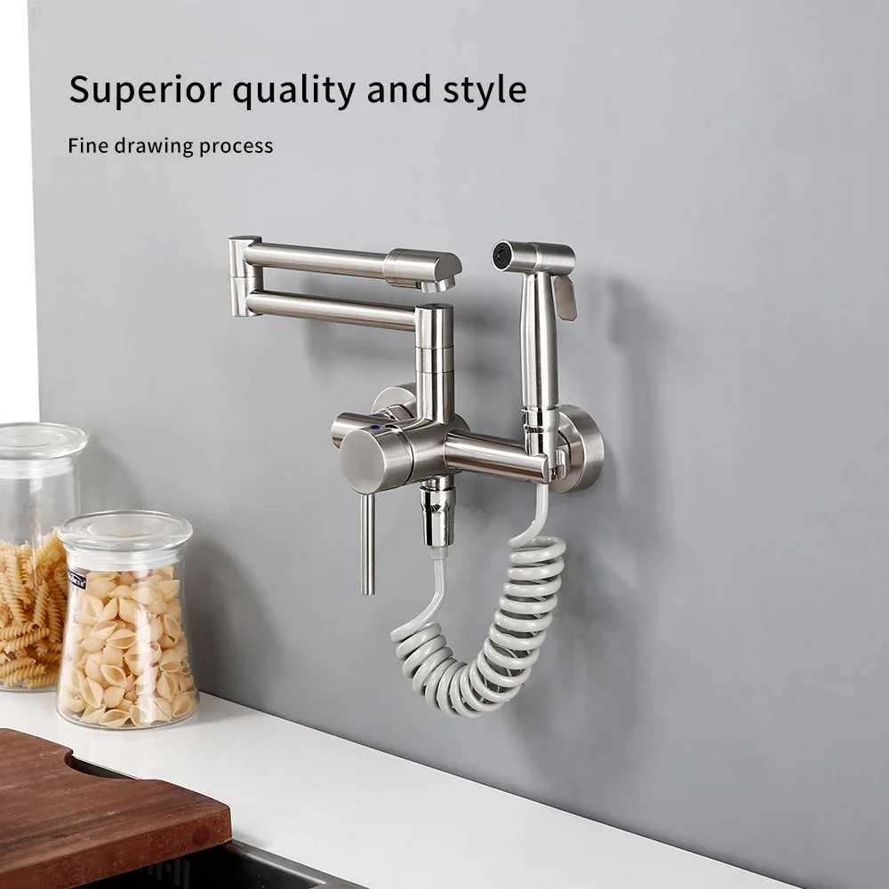 Kitchen Mixer Tap With Sprayer Hot And Cold Stream Wall Mount Pot Filler Faucet Pl Out Two Hole Wholes Black Hot S Y251104