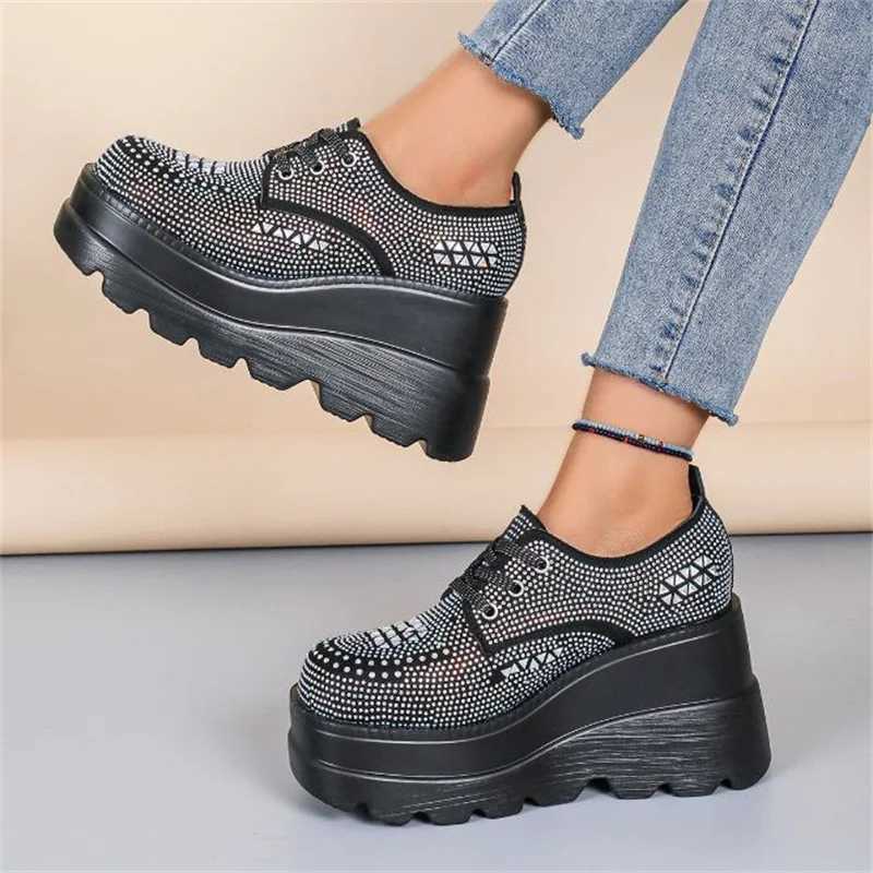 White Black Womens Lace Wedge High Heels Pump Water Diamond Sparkle Womens Breathable Short and Fat Platform Fashion Sneakers 35 43 Z250403