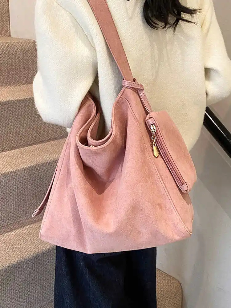 Retro Pink Suede Womens Handbag Winter Large Capacity Casual Horizontal Bag Fashion Niche Inner Arm Bag 250402