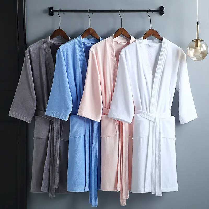Women Towel Bathrobe 100Cotton Long Thick Absorbent Terry Bath Robe Kimono Men LightWeight Waffle Solid Dressing Gown Sleepwear C251104