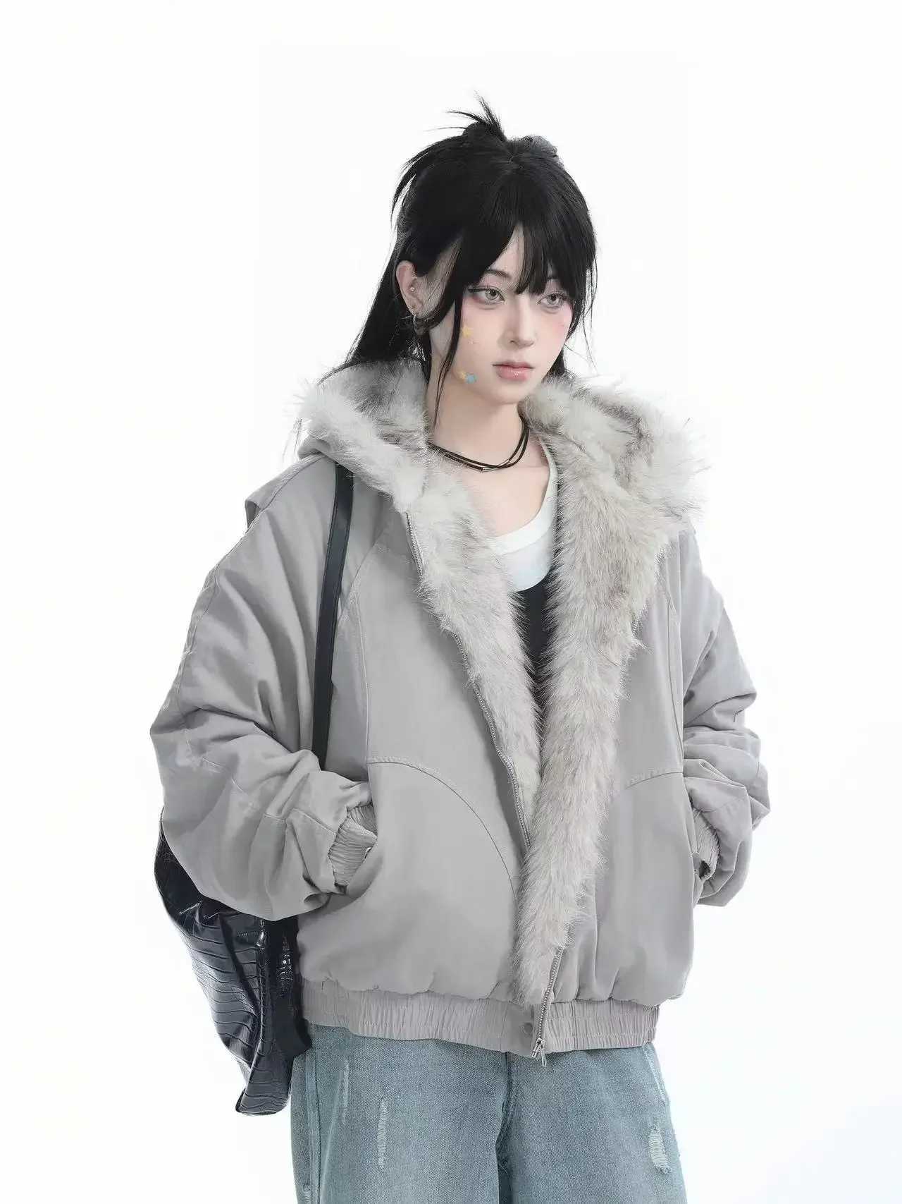 Winter American Retro Fur Collar Women Padded Hooded CottonPadded Jacket Plush Casual Street Gothic Harajuku Oversize Coat J2511031