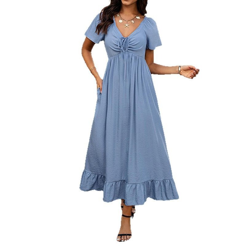2025 New Fashionable Casual and Elegant V-neck Lace up Large Swing Dress for Womens Summer Style