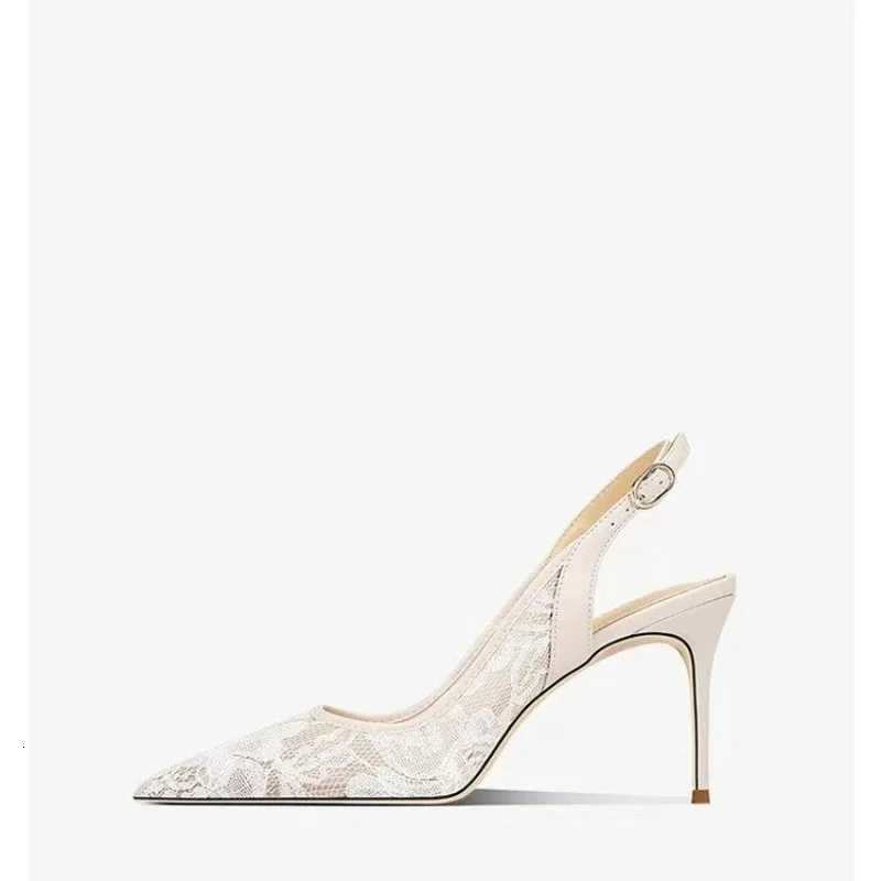 Brand Designer White Women Wedding Pumps Mesh Embroidered Flowers Back Strap Sexy Slingback High Heel Dress Shoes for Ladies W251104