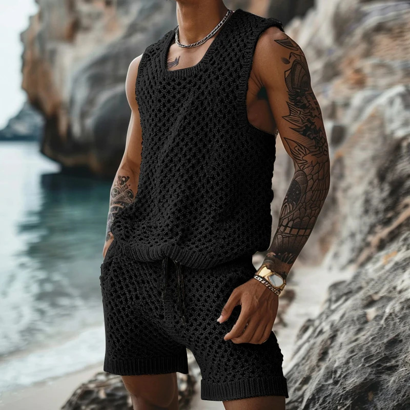 Summer hollow knit two-piece mens casual solid color sleeveless vest and shorts set mens retro knit set 250402