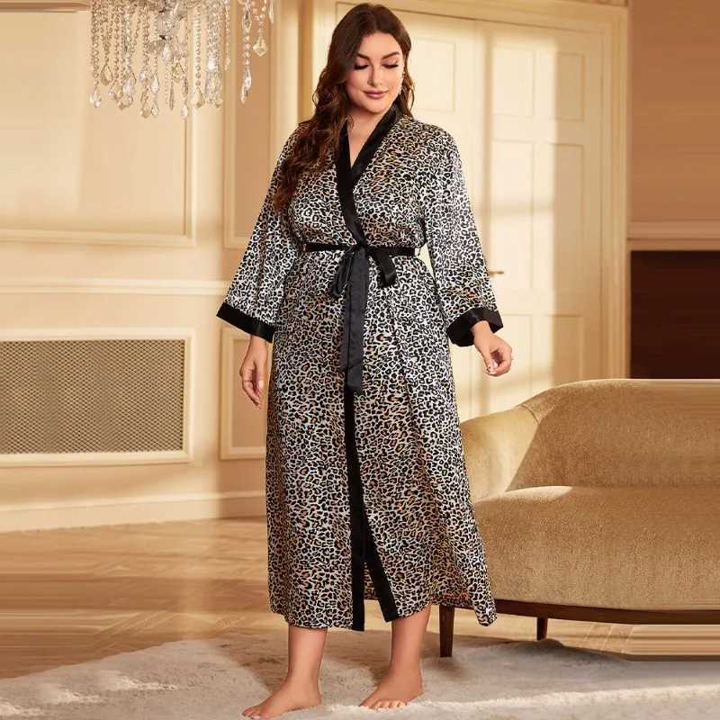 Fashion Leopard Print Plus Size Sleepwear Women Silk-like Robe Home Clothes Pajamas Sexy Loose Cardigan with Lace Up Bathrobe C251104