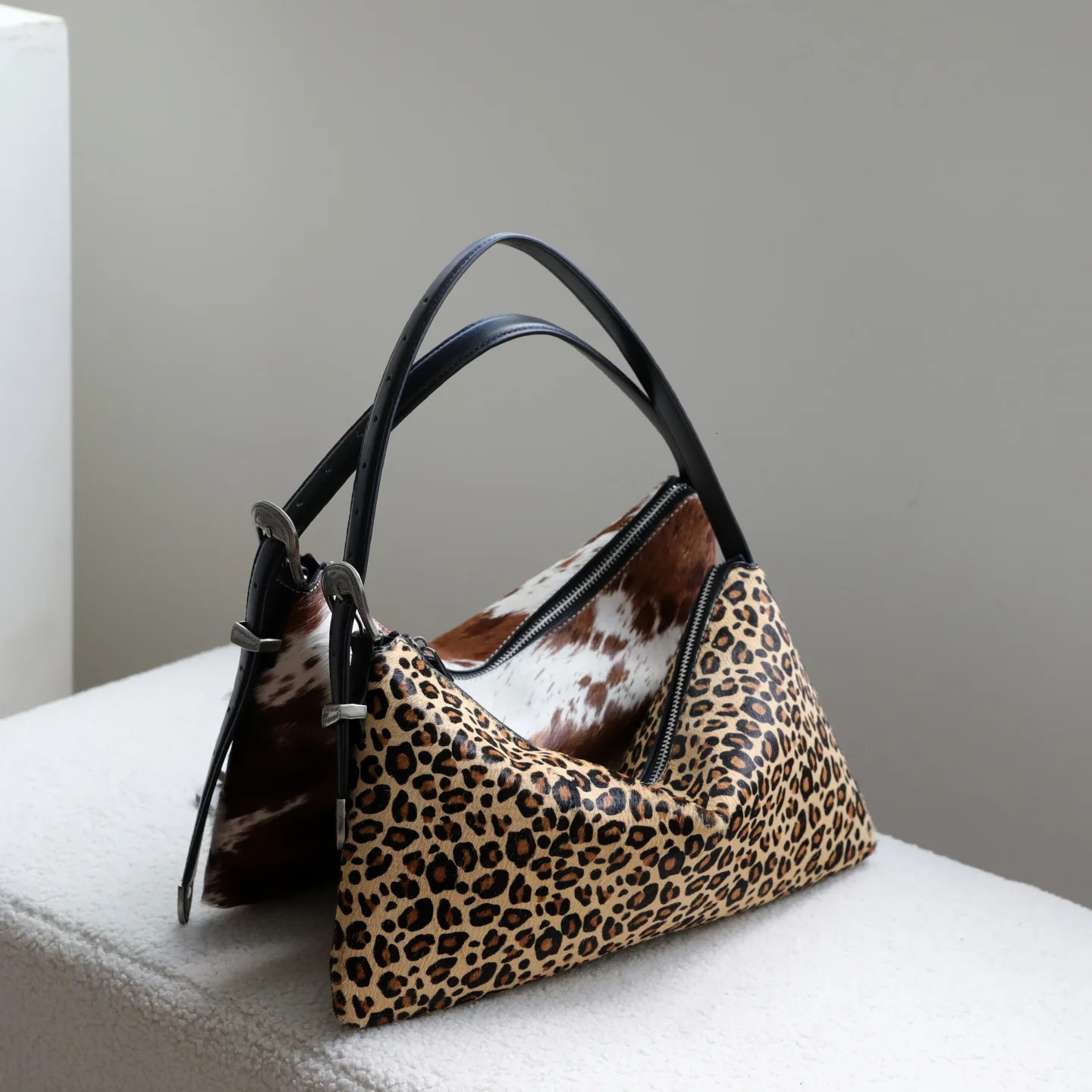Unique Creativity Cow Print and Leopard Fur Armpit Shoulder Bag Thin Horsehair Leather Women Handbag 251029