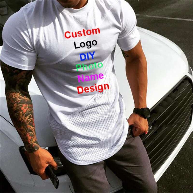 Customized DIY Brand Mens Extended Short Sleeve T-shirt Patchwork Gym Clothing Fiess T Shirt Men Muscle Sports Tshirt