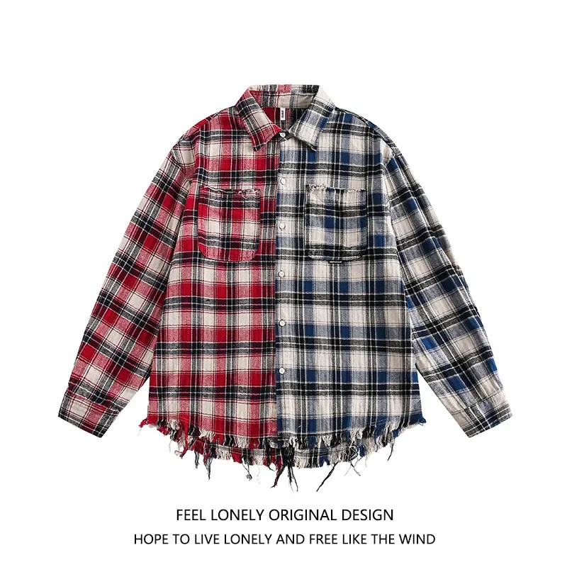 American checkered mens loose top suitable for high street style in spring/autumn 250402