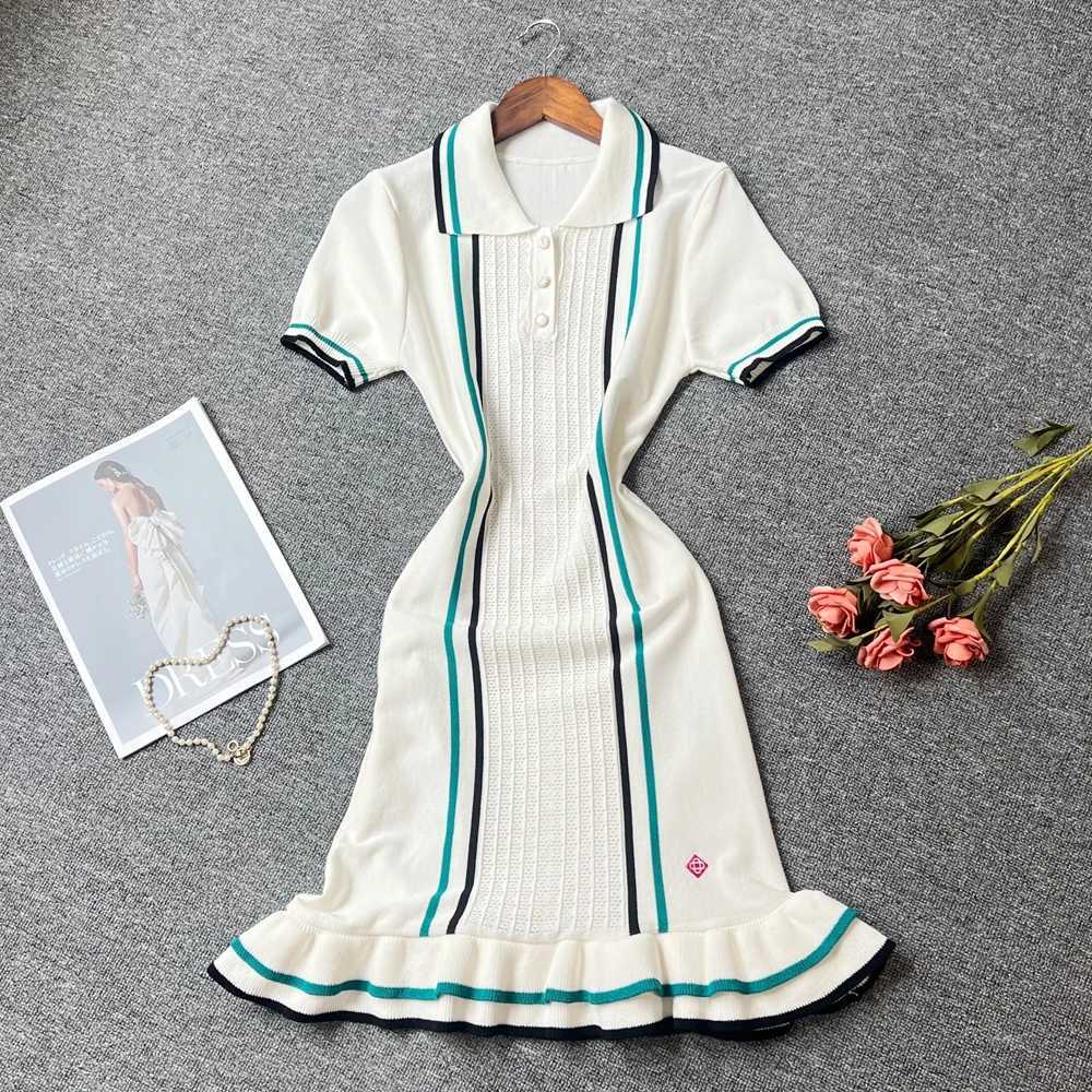 YuooMuoo Women Dress 2025 Summer Vintage Turn-down Collar Knitted Mini Dress Lady Slim Elastic Ruffled Bodycon Party Dress Robes X250403