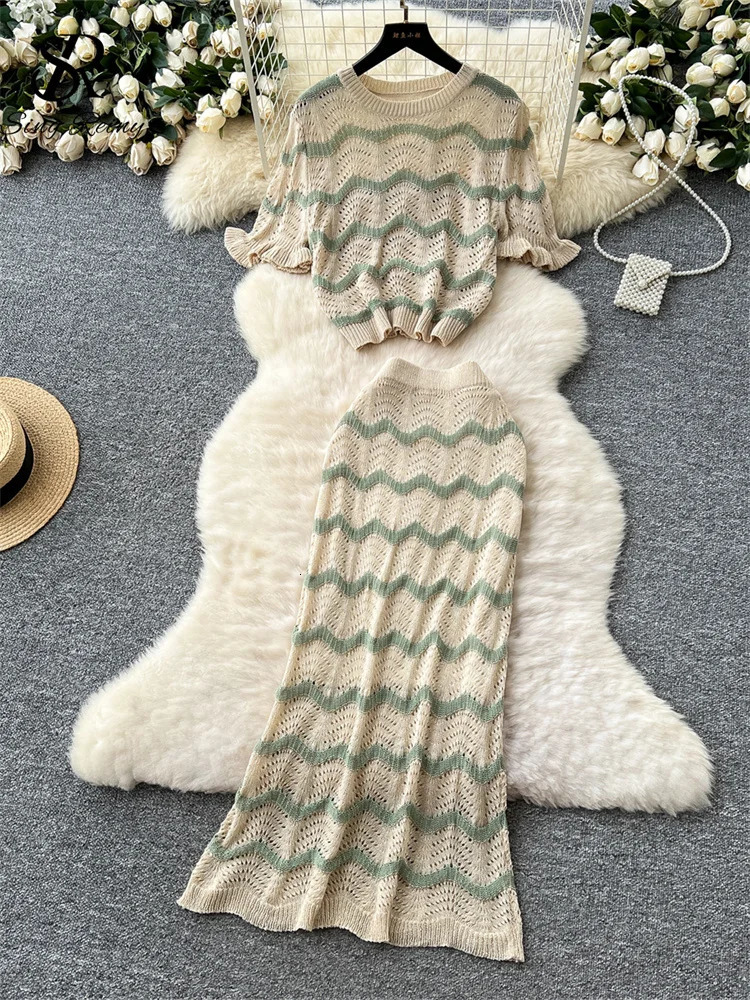 SINGREINY Summer Beach Knitted Suits Loose Basic TopsHigh Waist Long Skirt Hollow Out Striped Korean Female Two Pieces Sets 250403