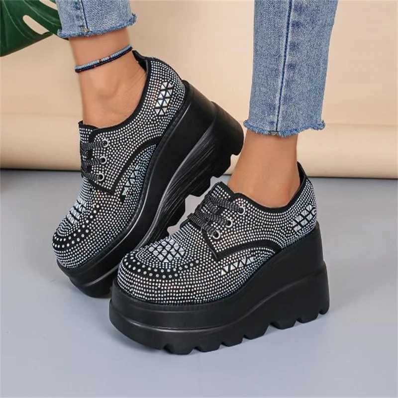 White Black Womens Lace Wedge High Heels Pump Water Diamond Sparkle Womens Breathable Short and Fat Platform Fashion Sneakers 35 43 Z250403