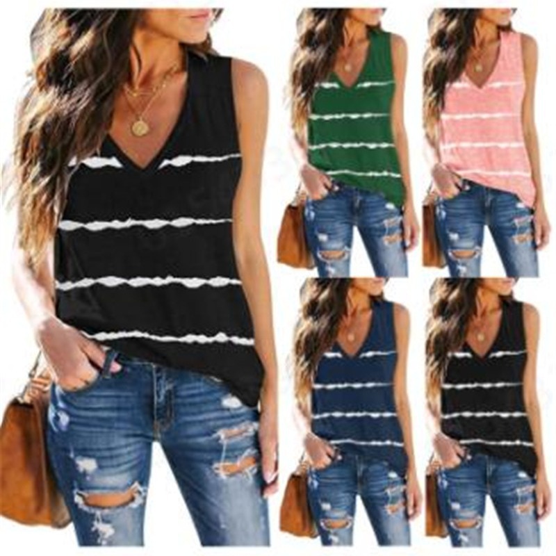 2025 new sexy sleeveless camisole vest V-neck striped printed T-shirt women's top