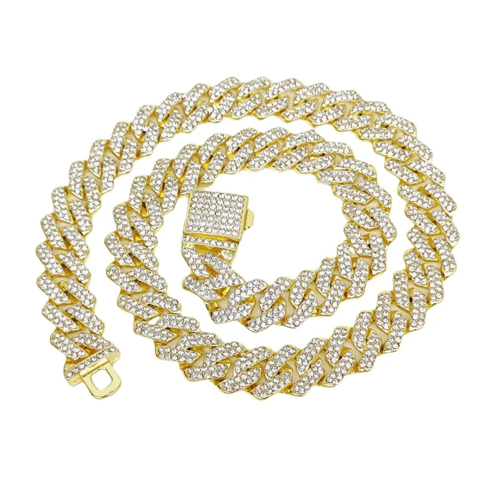 HipHop Men Women 14MM Prong Link Chain Necklace Bling Iced Out 2 Row Rhinestone Paved Miami Rhombus Cuban Bracelet Jewelry