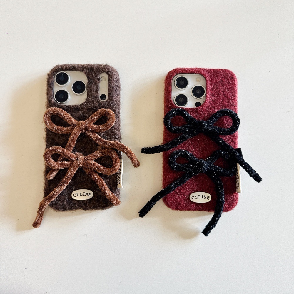 Velvet Bowknot Solid Color Phone Case Compatible with iPhone 17/16 Pro Max Simple Cartoon iPhone 15/14 Pro Shockproof