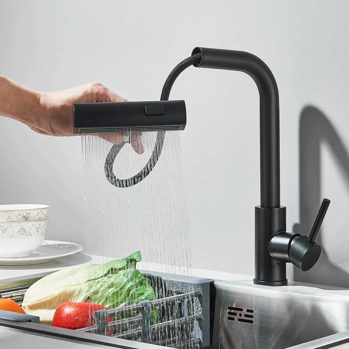 Gunmetal grey pl-out kitchen sink faucet water flow spout stainless steel hot and cold water mixer deck mounted faucet Y251104