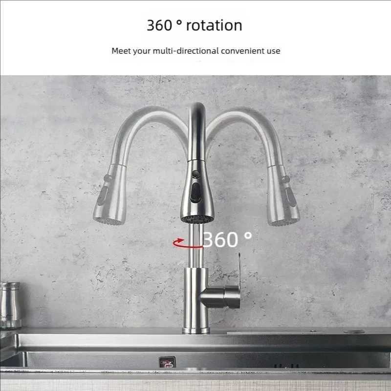 304 Stainless Steel Pl out Kitchen Faucet Deck Mounted Sink Water Tap with Mixer Stream Sprayer Hot Cold Taps for Kitchen Y251104
