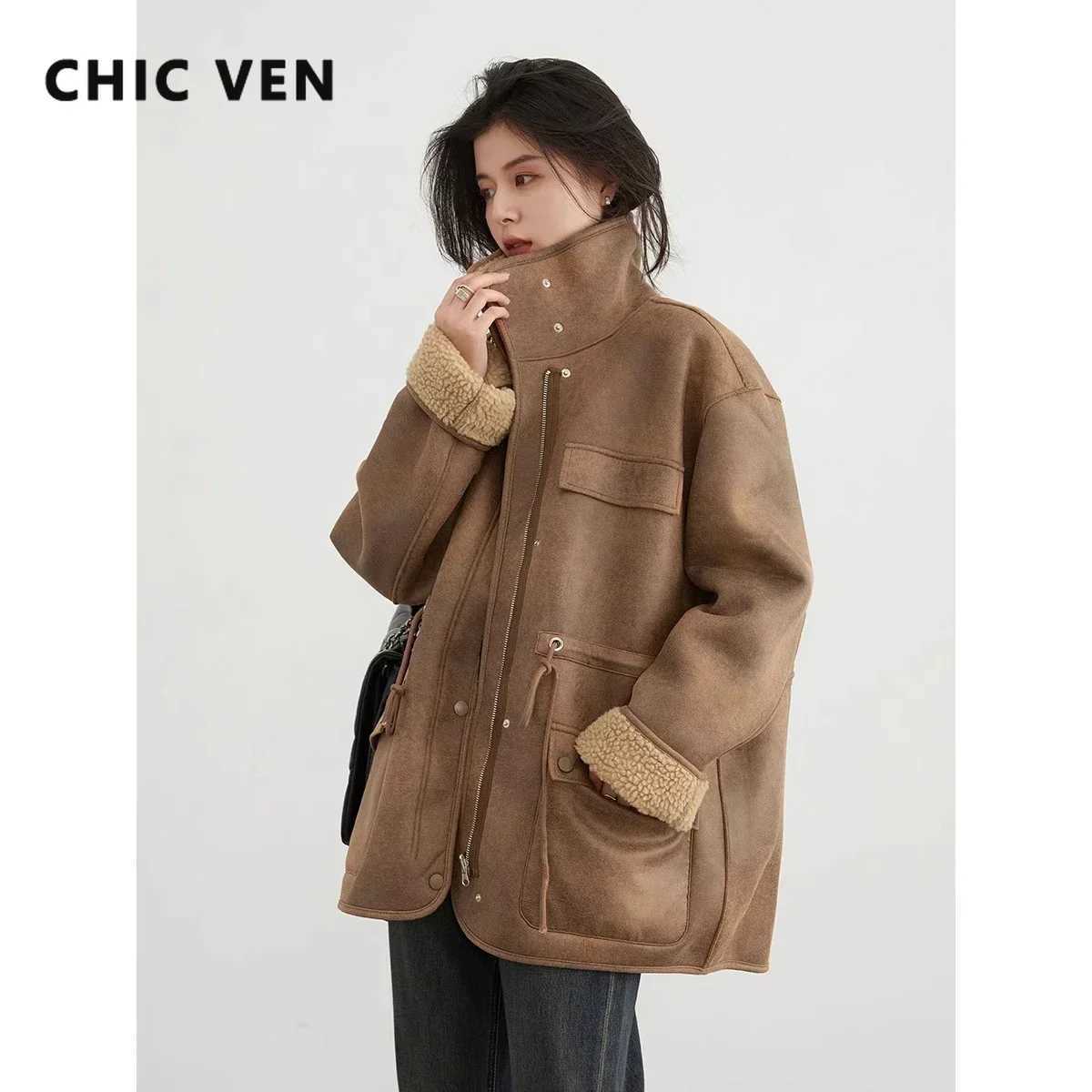 CHIC VEN Womens Jackets Thick Warm Solid Suede Reversible Jacket Motorcycle Outer Coat Loose Female Overcoat Winter Autumn 2023 J251103
