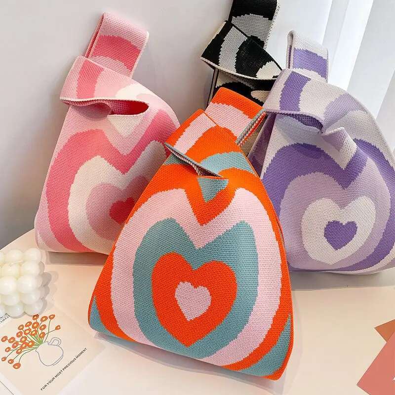 Handmade Knit Handbag Women Mini Knot Wrist Japanese Casual Color Wide Stripe Plaid Tote Bag Student Reusable Shopping Bags