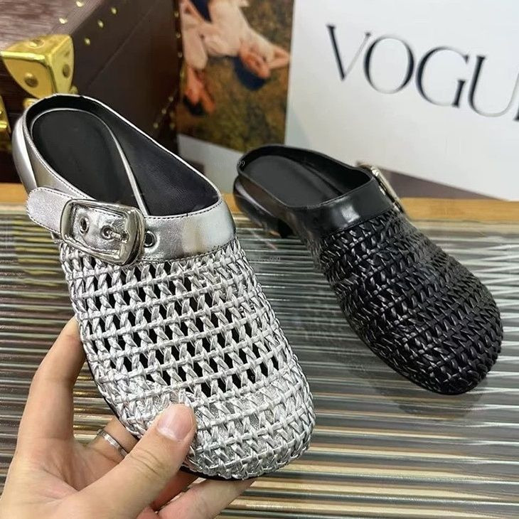 New Designer Sandals With Free Shipping French Woven Hollowed Out Half For Women's Casual Flat Bottom With A Straight Ribbon Mary Jane's Hea